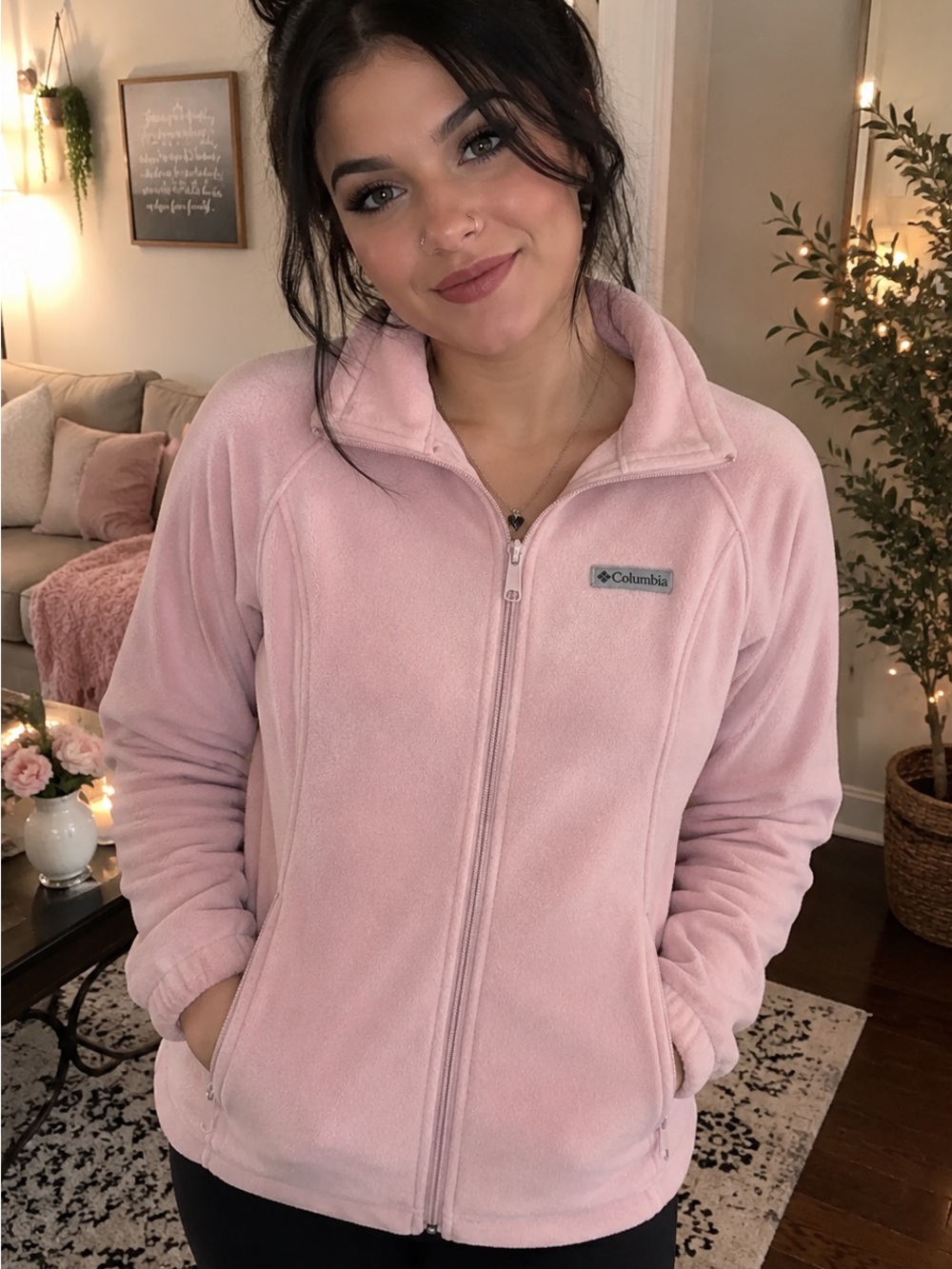 Columbia Light Pink Full-Zip Teddy Fleece Jacket